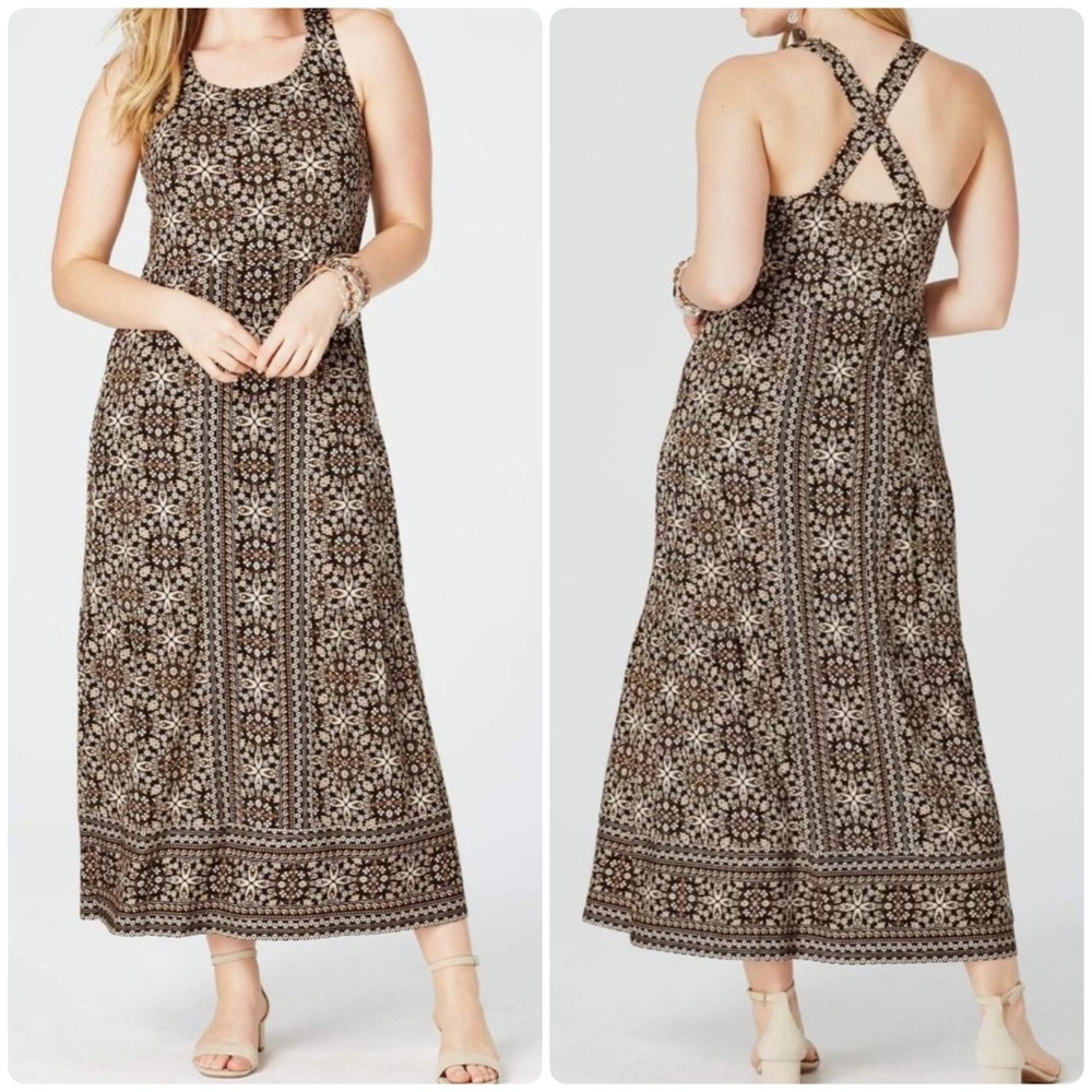 J.Jill Sleeveless Brown and Cream Patterned Maxi Dress